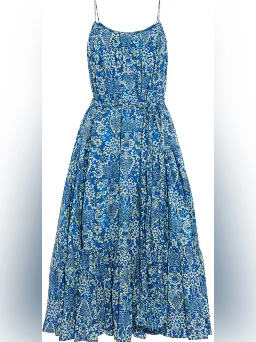 RHODE Lea Belted Blue and Cream Floral Cotton-Poplin Midi Dress XS
